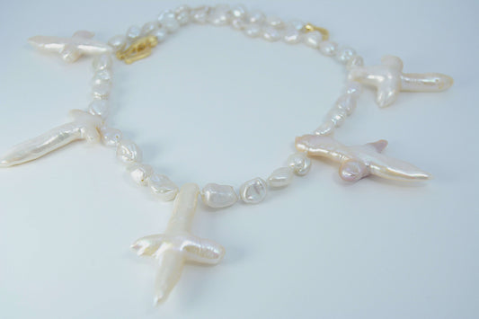 Pearl Necklace-Freshwater White Baroque with 5 crosses