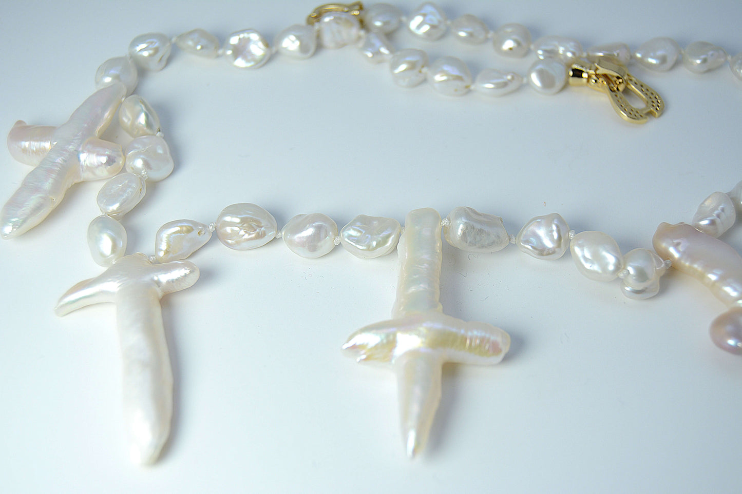 Pearl Necklace-Freshwater White Baroque with 5 crosses