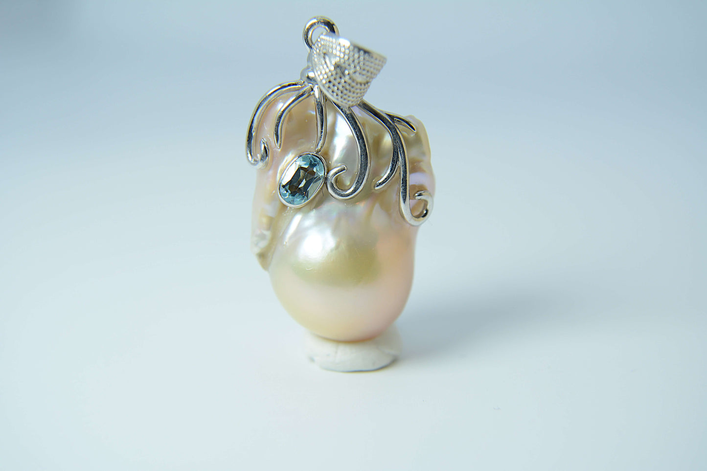 Pearl Pendant-Freshwater Peachy white Baroque with a Blue Topaz