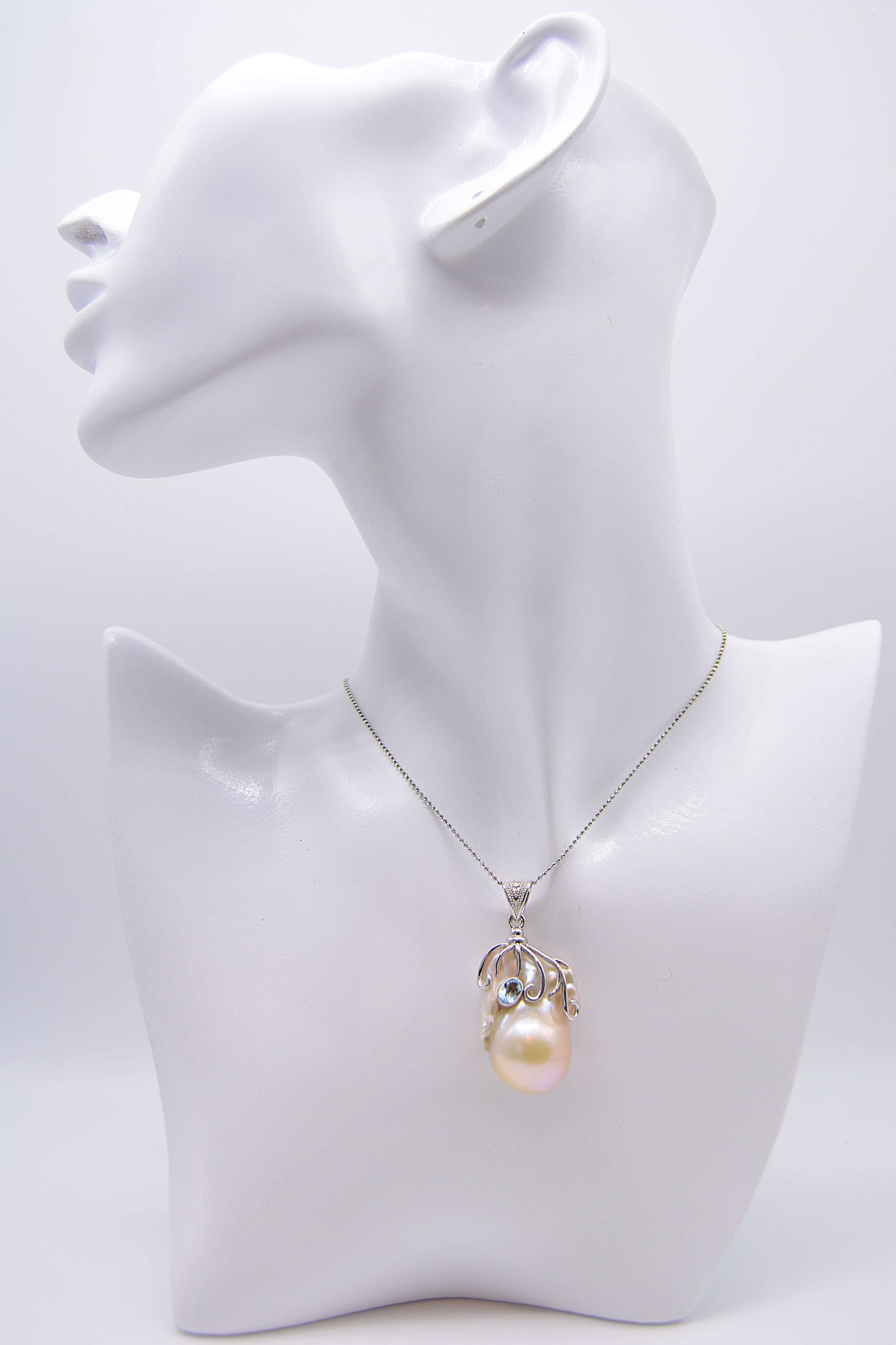 Pearl Pendant-Freshwater Peachy white Baroque with a Blue Topaz