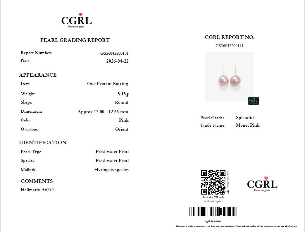 Pearl Earrings–Freshwater, Light Purple, 12mm, Stud, 18K Yellow Gold