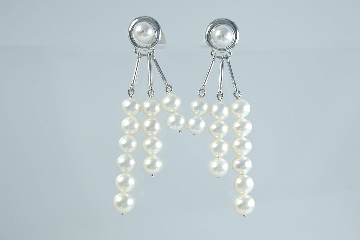 Pearl Drop-Earrings—Freshwater White, Stud, Trio threads