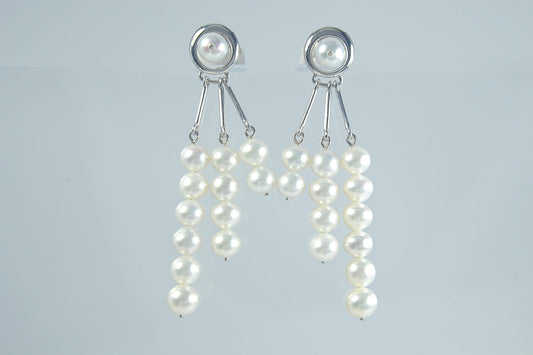 Pearl Drop-Earrings—Freshwater White, Stud, Trio threads