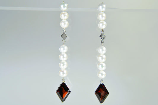 Pearl Drop-Earrings—Freshwater White, Stud, Platinum setting, with Garnets