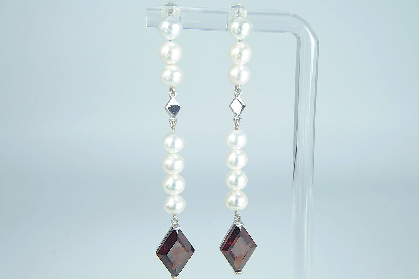 Pearl Drop-Earrings—Freshwater White, Stud, Platinum setting, with Garnets