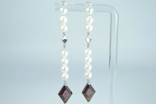 Pearl Drop-Earrings—Freshwater White, Stud, Platinum setting, with Garnets