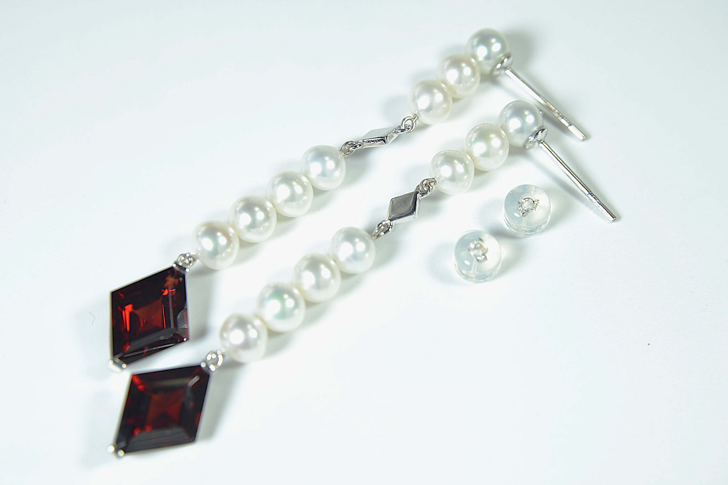 Pearl Drop-Earrings—Freshwater White, Stud, Platinum setting, with Garnets