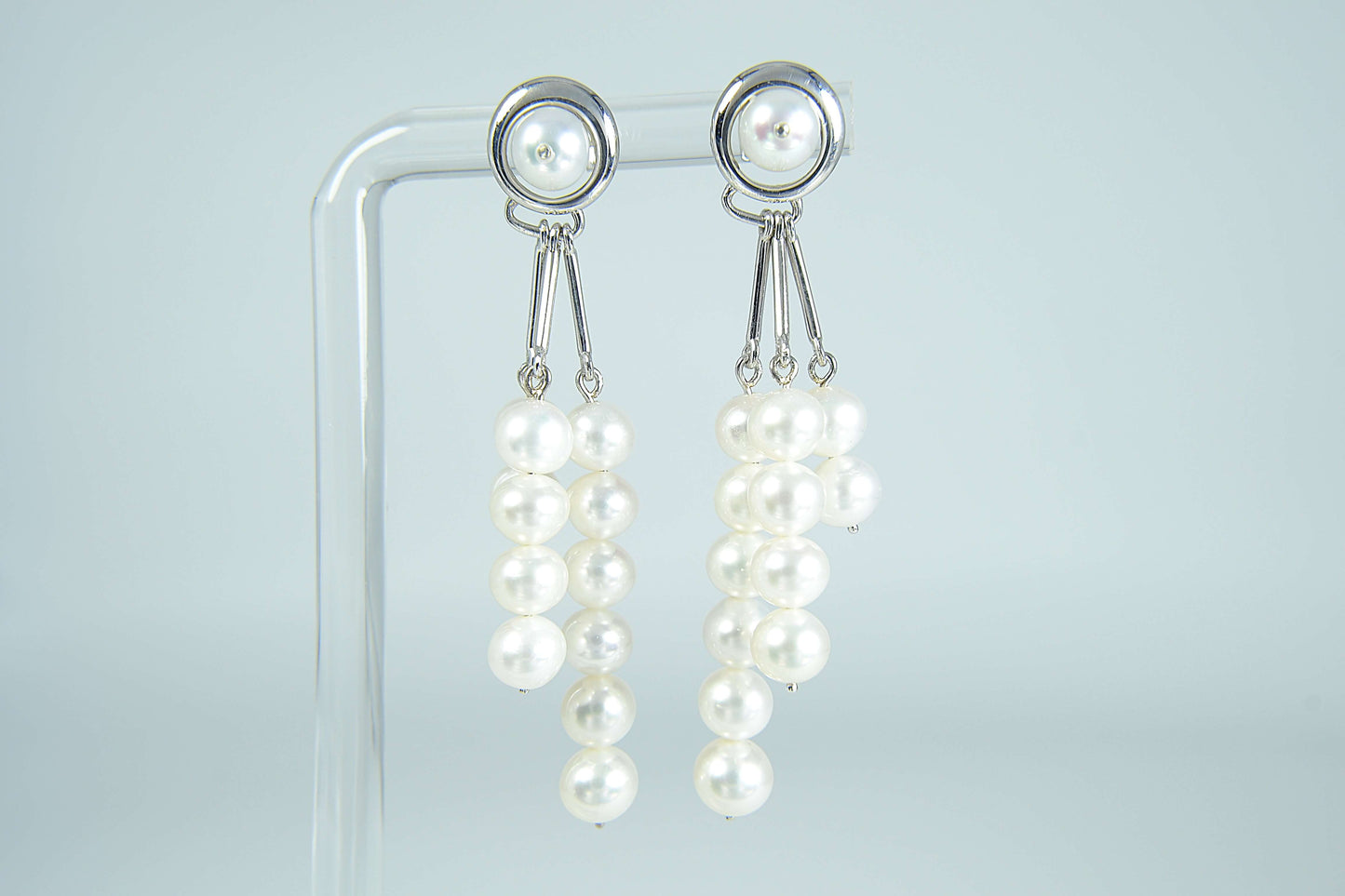 Pearl Drop-Earrings—Freshwater White, Stud, Trio threads