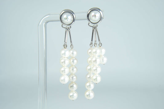 Pearl Drop-Earrings—Freshwater White, Stud, Trio threads